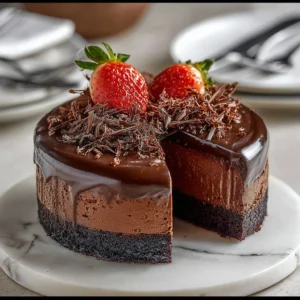 Decadent Chocolate Cheesecake topped with smooth chocolate ganache