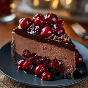 Delicious chocolate cherry cheesecake topped with cherries and chocolate drizzle