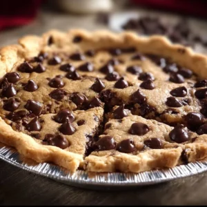 Delicious chocolate chip cookie pie served on a plate with a scoop of ice cream
