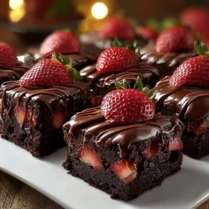 Chocolate covered strawberry brownies with fresh strawberries and melted chocolate