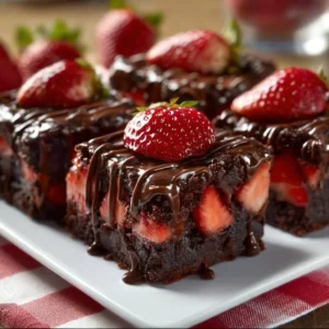 Delicious chocolate covered strawberry brownies on a plate