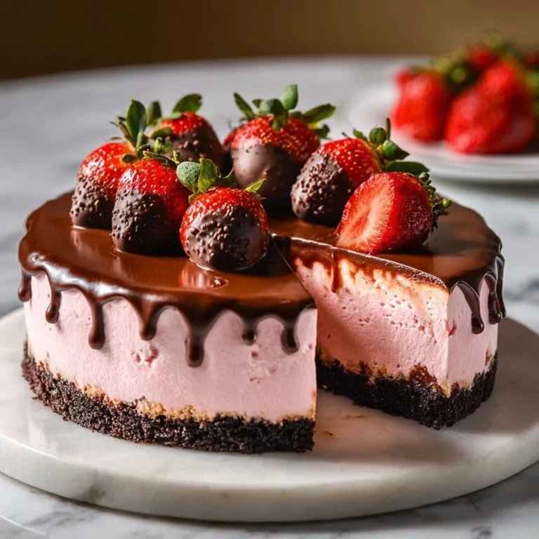 Delicious chocolate covered strawberry cheesecake topped with fresh strawberries.