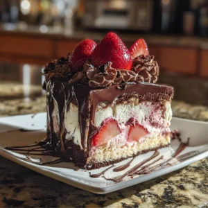 Delicious chocolate covered strawberry ice cream cake topped with fresh strawberries
