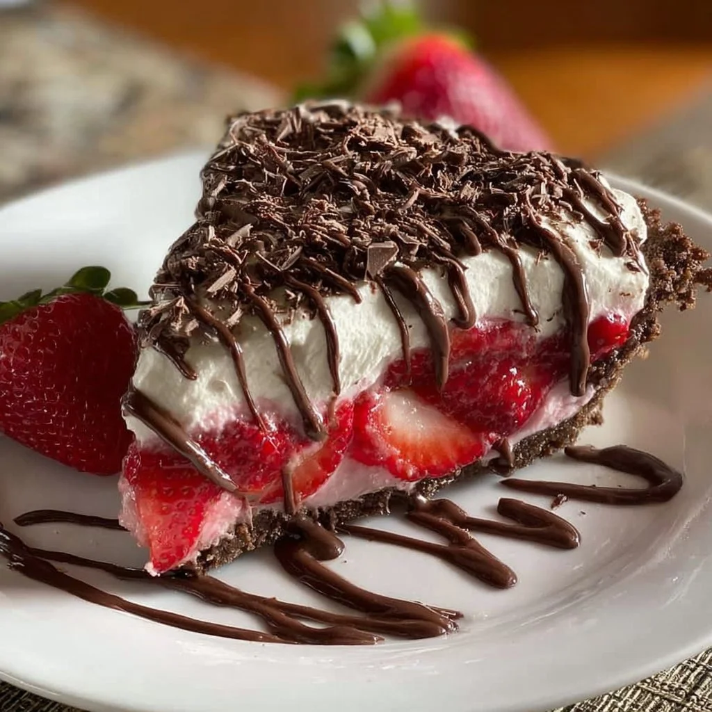 Delicious chocolate covered strawberry pie topped with fresh strawberries and chocolate drizzle.