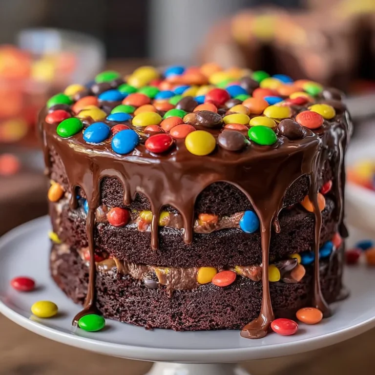 Chocolate M&M Celebration Cake topped with colorful candies
