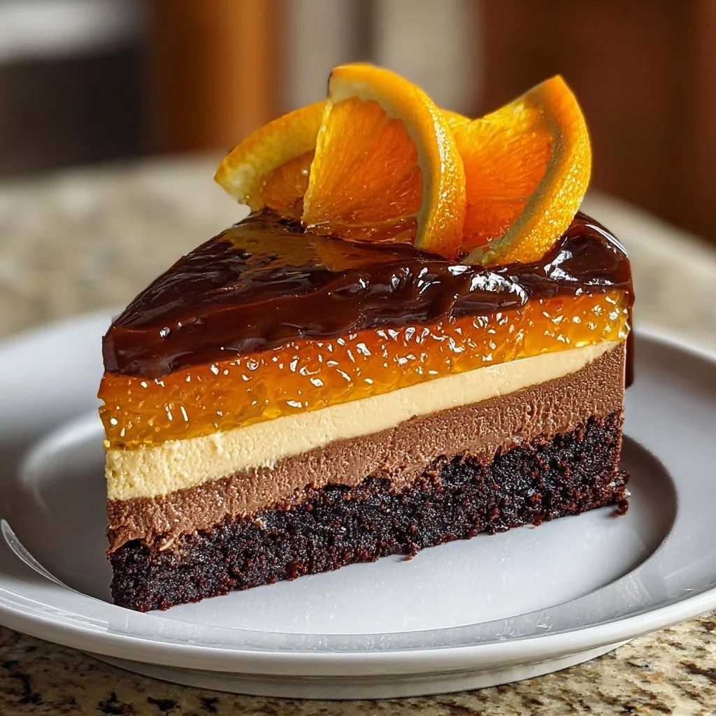 A delectable Chocolate Orange Cheesecake topped with orange slices and chocolate drizzle.