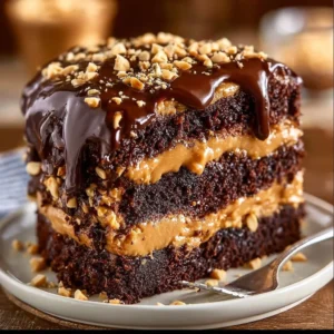 Chocolate Peanut Butter Cake with rich chocolate and creamy peanut butter frosting