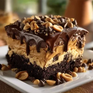 Delicious Chocolate Peanut Butter Poke Cake topped with creamy peanut butter frosting