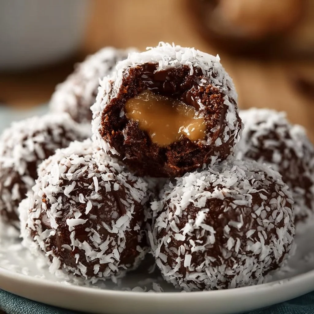 Chocolate Peanut Butter Snowballs with Caramel Drizzle