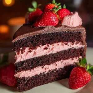 Delicious Chocolate Strawberry Cake with fresh strawberries and chocolate frosting