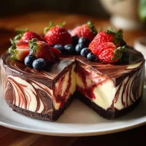 Delicious Chocolate Strawberry Swirl Cheesecake topped with fresh strawberries