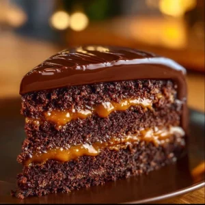 Delicious Chocolate Turtle Cake topped with caramel and nuts on a plate