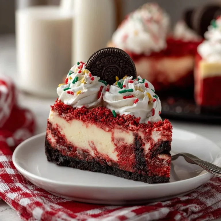 Christmas Red Velvet Cheesecake topped with cream cheese frosting and festive decorations