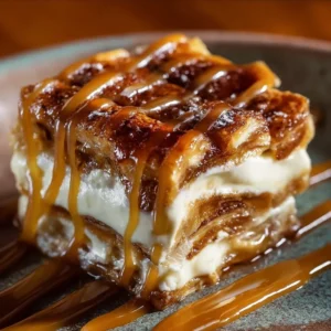Delicious Cinnamon Roll Apple Lasagna featuring layers of cinnamon apples and creamy cheese