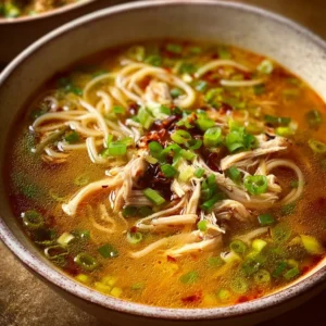 Bowl of classic ginger garlic chicken noodle soup garnished with herbs and spices.