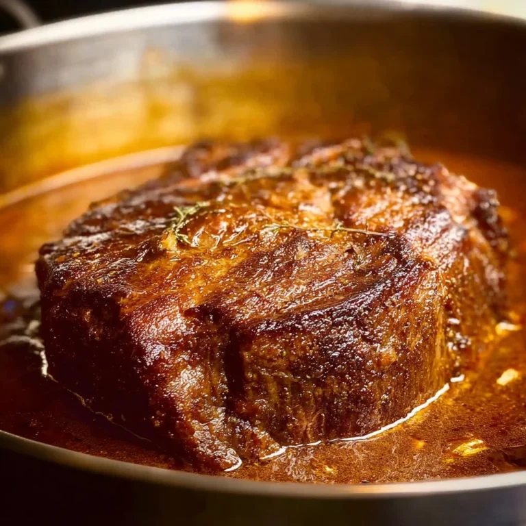 Delicious French Onion Pot Roast served with melted cheese and herbs