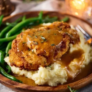 Delicious country fried chicken breast, crispy and golden brown.