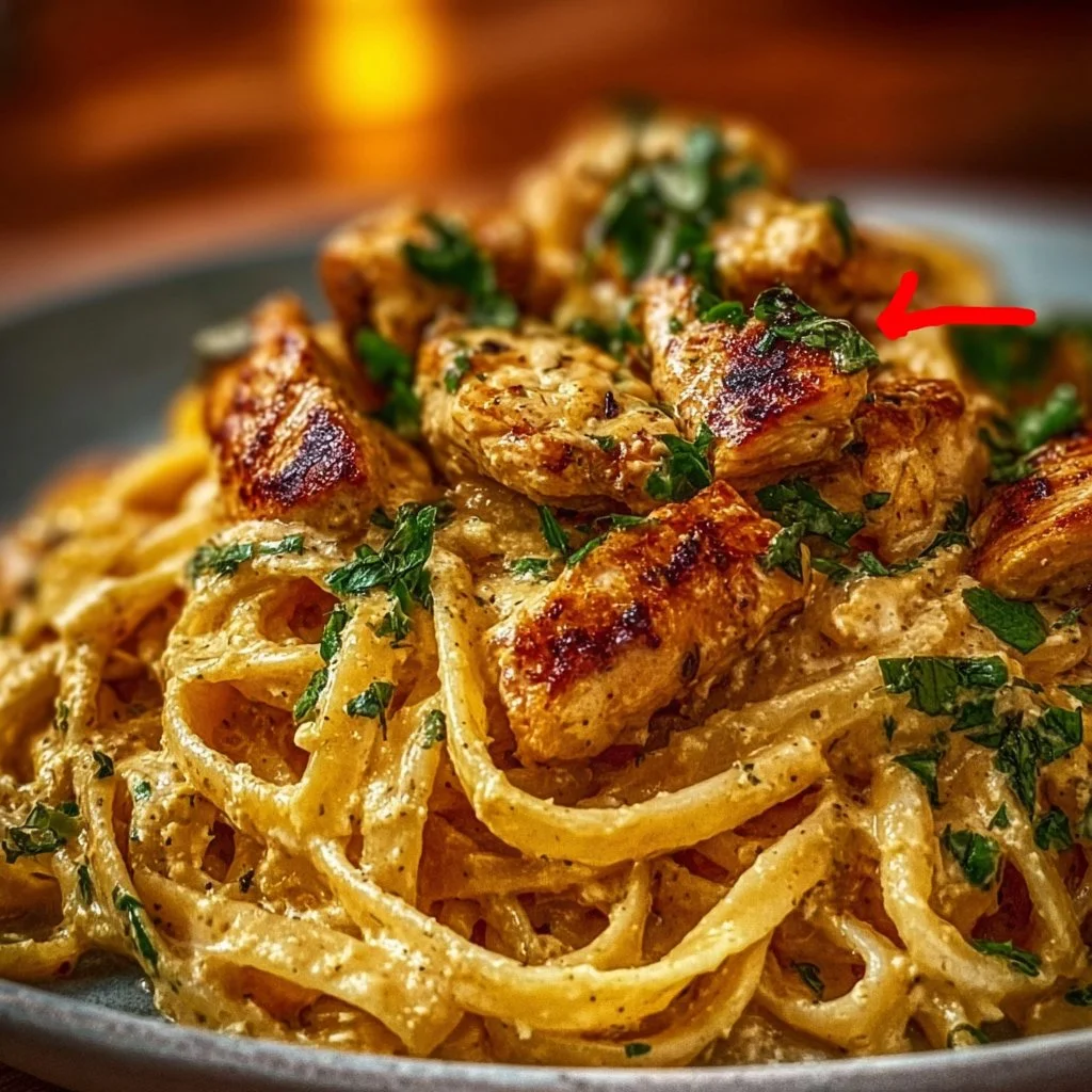 Plate of Cowboy Butter Chicken Linguine featuring creamy butter chicken sauce and pasta.