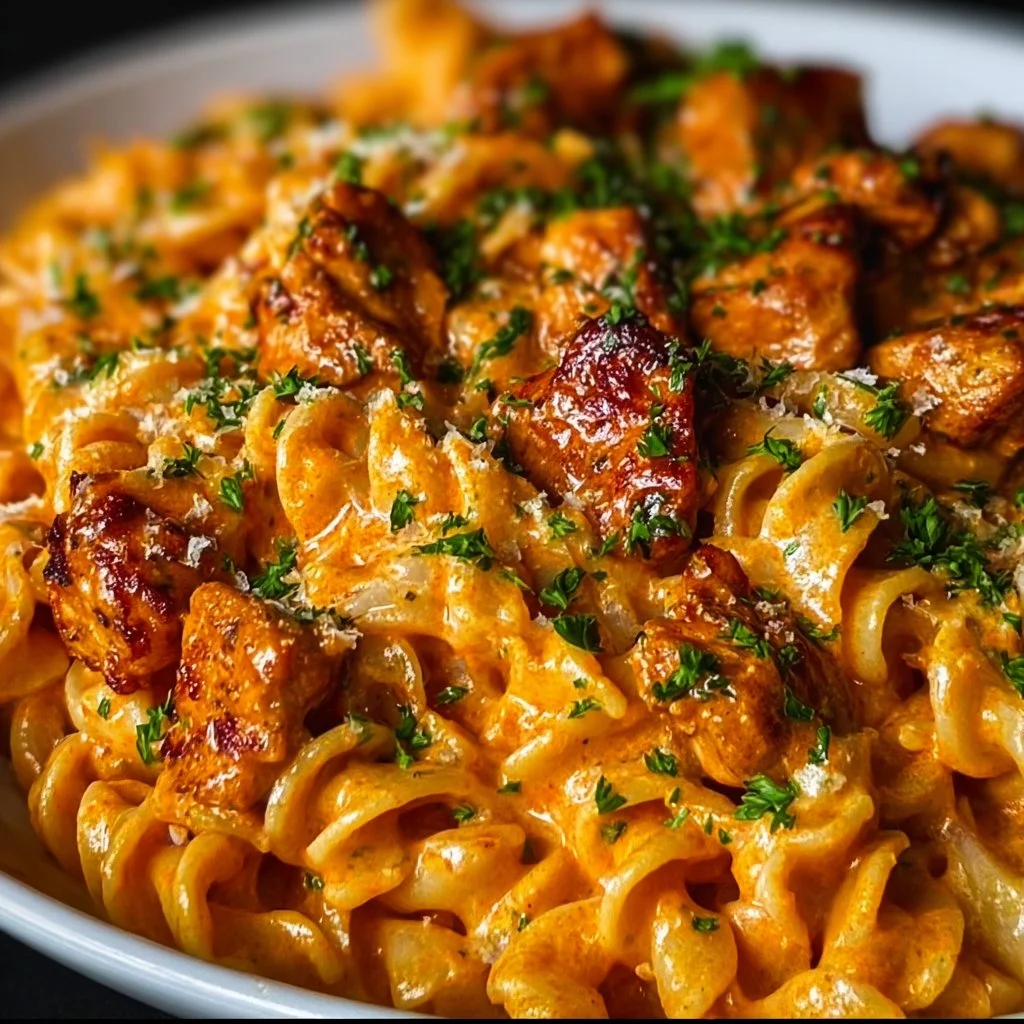 Bowl of Cowboy Butter Chicken Pasta with a creamy sauce and herbs