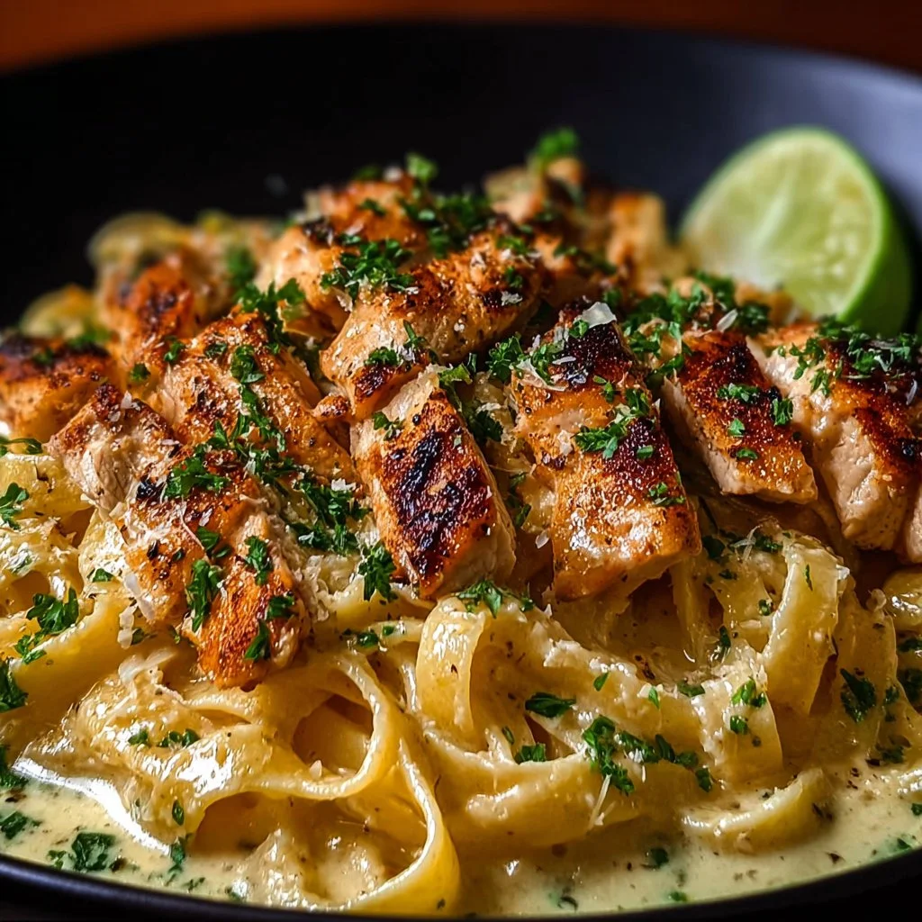 Bowl of creamy Cowboy Butter Chicken Pasta garnished with herbs