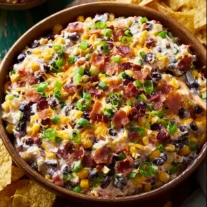 Delicious Cowboy Corn Dip served in a bowl with tortilla chips.
