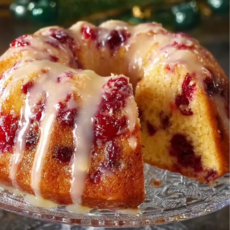 Cranberry Orange Bundt Cake topped with citrus glaze and fresh cranberries