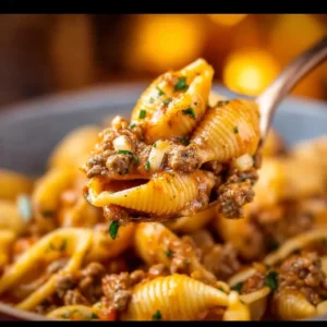 Creamy beef and shells pasta dish with cheese and herbs.
