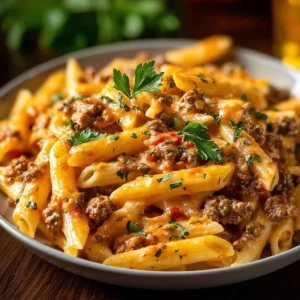Creamy beef pasta dish ready to serve, topped with herbs.