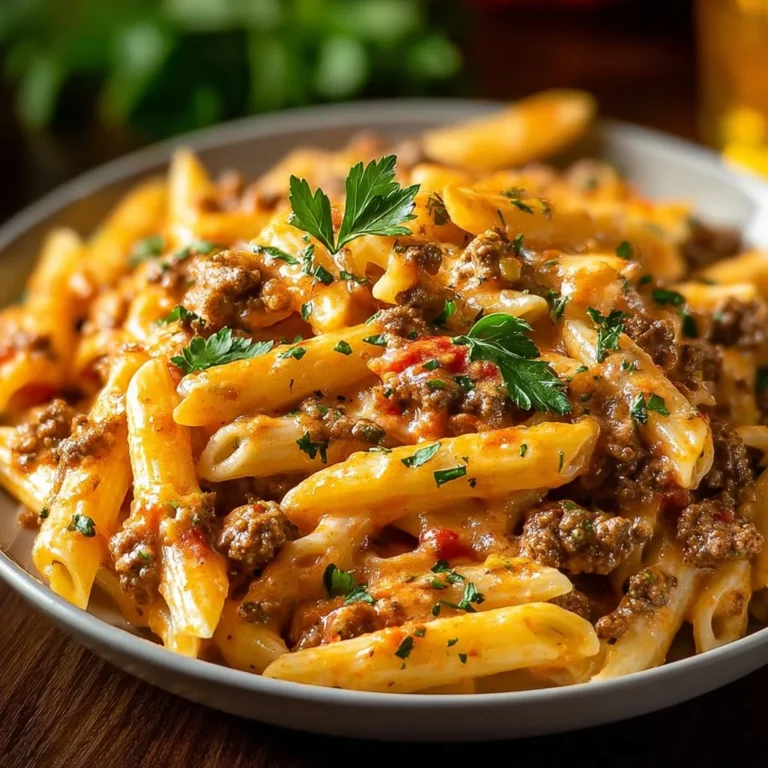Creamy beef pasta dish ready to serve, topped with herbs.