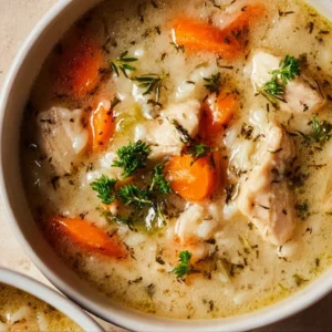 Creamy chicken rice soup in a bowl, garnished with herbs.