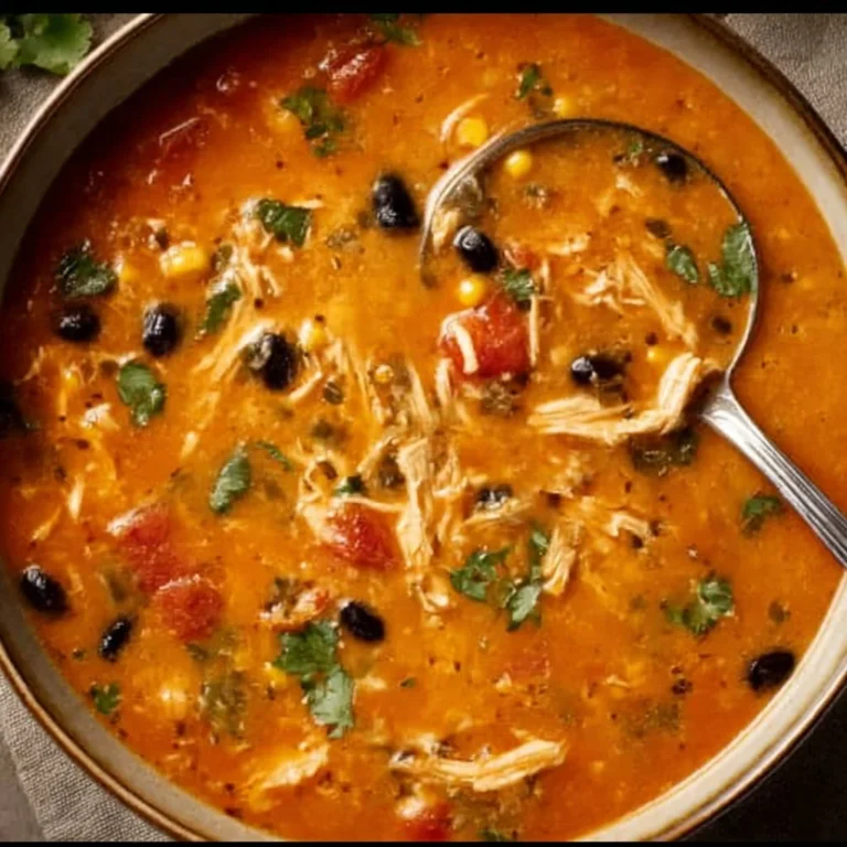 A bowl of creamy Chicken Tortilla Soup garnished with tortilla strips and cilantro