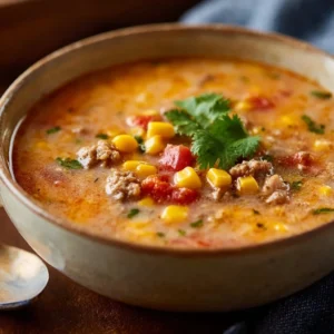 Bowl of creamy Cowboy Soup garnished with herbs and served with bread.
