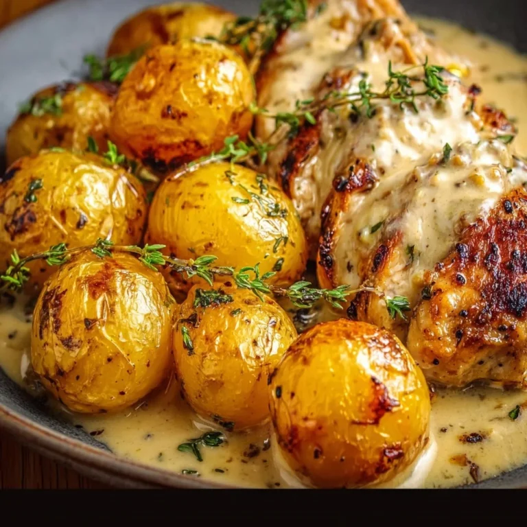 Creamy garlic chicken served with seasoned potatoes on a plate.