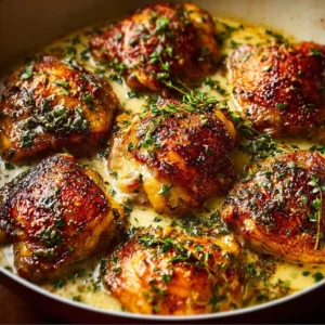 Creamy garlic chicken thighs served in a white dish, garnished with herbs.