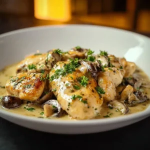 Creamy Garlic Mushroom Chicken Thighs served with fresh herbs and side vegetables