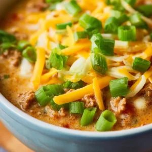Creamy ground chicken chili served in a bowl with toppings