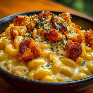 Creamy Honey Pepper Chicken Mac and Cheese served in a bowl with herbs