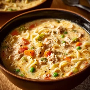 Creamy Italian ground chicken soup in a bowl with herbs on top.