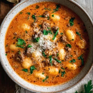 Creamy Italian sausage gnocchi soup in a bowl with fresh herbs