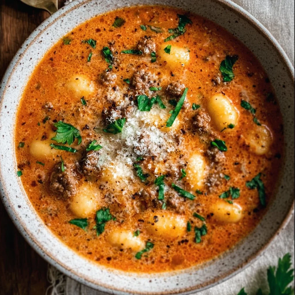 Creamy Italian sausage gnocchi soup in a bowl with fresh herbs