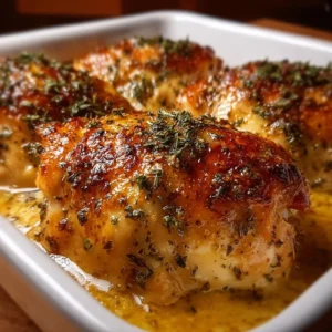 Creamy melt-in-your-mouth baked chicken served on a plate with herbs.