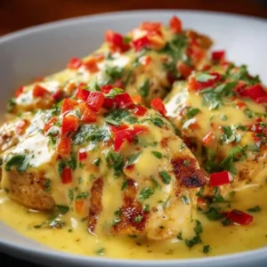 A plate of creamy Mexican chicken garnished with fresh herbs and spices.