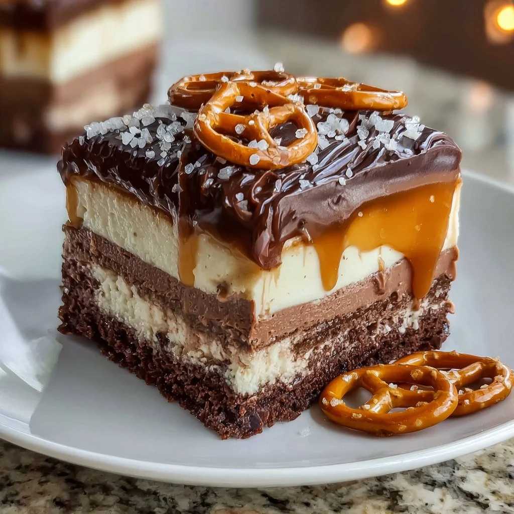Creamy salted caramel triple chocolate mousse cake on a pretzel crust