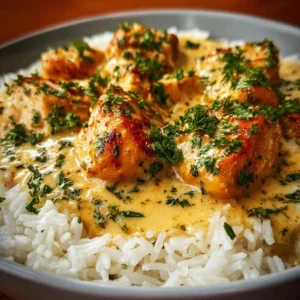 Plate of creamy smothered chicken served with rice and green vegetables