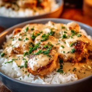 Creamy smothered chicken served over rice in a delicious homemade sauce
