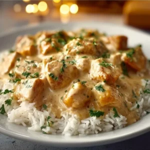 Creamy smothered chicken and rice served on a plate with vegetables.