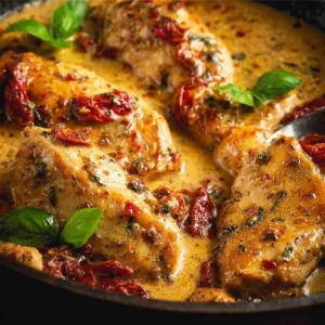 Creamy sun-dried tomato chicken garnished with fresh herbs on a plate