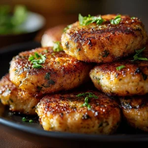 Crispy air fryer chicken rissoles served on a plate with dipping sauce.