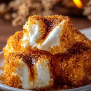 Plate of crispy deep-fried marshmallows drizzled with chocolate sauce