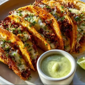 Delicious crispy ground beef tacos garnished with fresh toppings